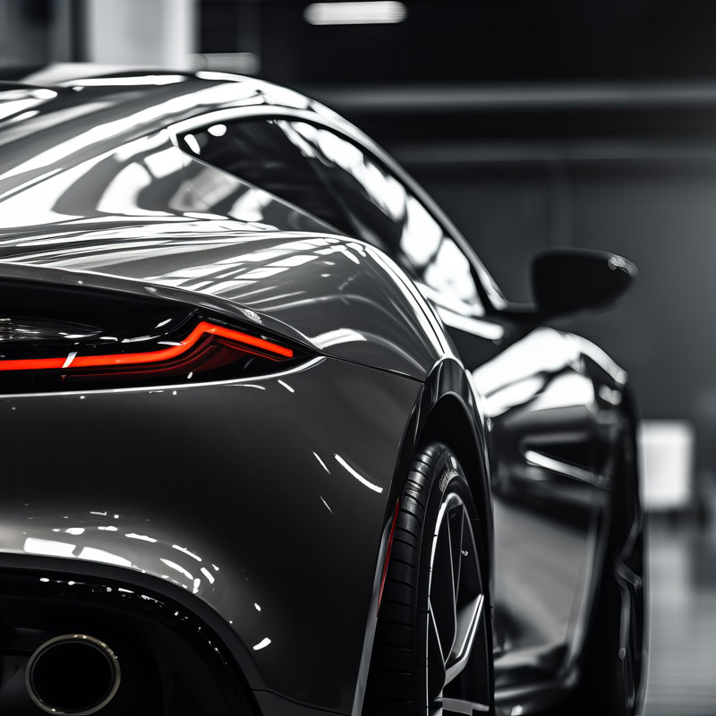 Close-up rear view of a sleek luxury sports car with glossy ceramic-coated paint finish